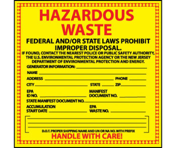 Labels - Hazardous Waste New Jersey - 6X6 - PS Paper - 500/Rl - HW18