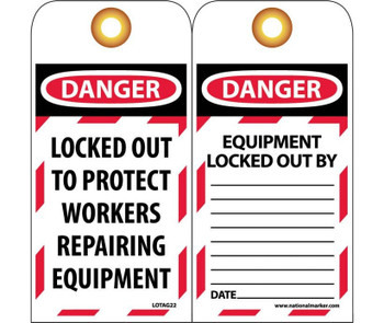 Tags - Lockout - Danger: Locked Out To Protect Workers - 6X3 - Unrip Vinyl Grommet Pack Of 10 - LOTAG22