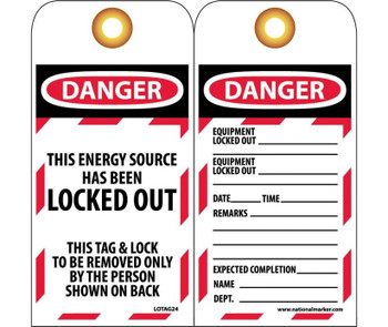 Tags - Lockout - This Energy Source Has Been Locked Out - 6X3 - Unrip Vinyl - Pack of 25 Grommet - LOTAG24-25