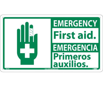 Safety First Emergency First Aid / Emergencia (Bilingual W/Graphic) 10X18 Rigid Plastic