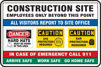 Contractor Preferred Site Safety Signs: Construction Site - Employees Only Beyond This Point - All Visitors Report To Site Office 36" x 48" Mesh Banner 1/Each - ECRT550MBM