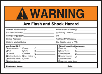 ANSI Warning Electrical Safety Label: Arc Flash And Shock Hazard - Appropriate PPE Required 3 1/2" x 5" Adhesive Vinyl 1/Each - LELC345