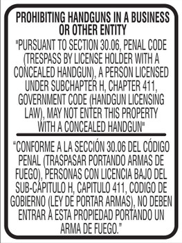 Bilingual Texas 30.06 Regulation Safety Signs: Prohibiting Handguns In A Business Or Other Entity 24" x 18" Adhesive Dura-Vinyl - MACC509XV