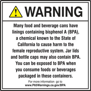 Prop 65 Food And Beverage Cans BPA Exposure Safety Sign: Reproductive Harm 5" x 5" Aluminum 1/Each - MCAW346VA