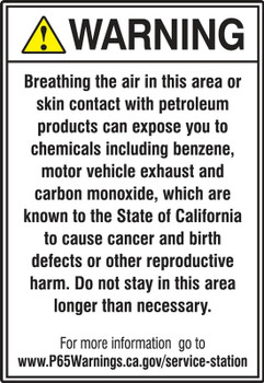 Prop 65 Service Station and Vehicle Repair Facilities Safety Sign: Cancer And Reproductive Harm 10" x 7" Plastic 1/Each - MCAW358VP