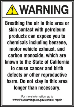 Prop 65 Service Station and Vehicle Repair Facilities Safety Sign: Cancer And Reproductive Harm 14" x 10" Aluminum 1/Each - MCAW359VA