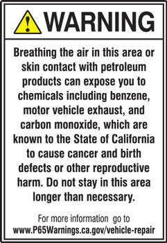 Prop 65 Service Station and Vehicle Repair Facilities Safety Sign: Cancer And Reproductive Harm 10" x 7" Plastic 1/Each - MCAW360VP