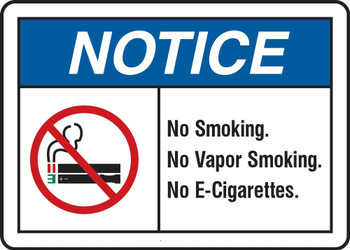 ANSI Notice No Smoking Sign: No Smoking. No Vapor Smoking. No E-Cigarettes. 10" x 14" Aluma-Lite 1/Each - MSMK813XL