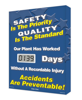 Digi-Day Lite Electronic Scoreboard: Safety Is The Priority Quality Is The Standard _ Days Without A Recordable Injury 20" x 16" Aluminum Face 1/Each - SCJ139