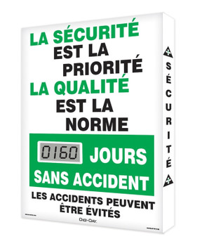 Digi-Day Lite Electronic Scoreboard: La Securite Est La Priorite La Qualite est La Norme ___ Jours Sans Accident 20" x 16" Aluminum Face 1/Each - SCJ160