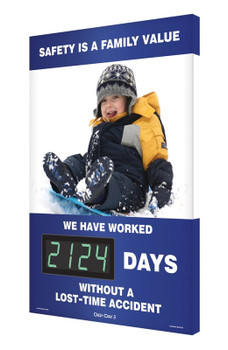 Digi-Day 3 Electronic Safety Scoreboards: Safety Is A Family Value (Winter Theme) - We Have Worked _ Days Without A Lost Time Accident 28" x 20" - SCK124