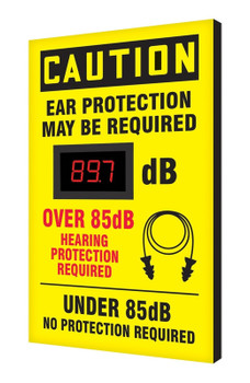 OSHA Caution Industrial Decibel Meter Sign: Ear Protection Required Under 85dB - No Protection Required - Over 85dB - Hearing Protection Required English 20" x 12" x 1" Aluminum Face 1/Each - SCS603