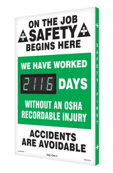 Digi-Day® 3 Electronic Safety Scoreboards: We Have Worked __Days Without An OSHA Recordable Injury Spanish 28" x 20" Aluminum Face 1/Each - SHSCK116