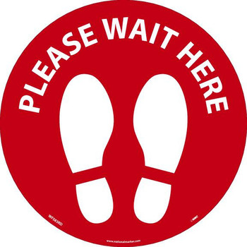 Walk On - Please Wait Here Footprint - Red On White - Floor Sign - 8 X 8 -Non-Skid Textured Adhesive Backed Vinyl - Pk10 - WFS83RD10