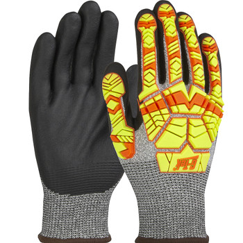 G-Tek PolyKor Seamless Knit Blended Glove w/Hi-Vis Impact Protection & Nitrile Foam Coated Palm Fingers - Salt Pepper - 1/PR - 16-MP230HV