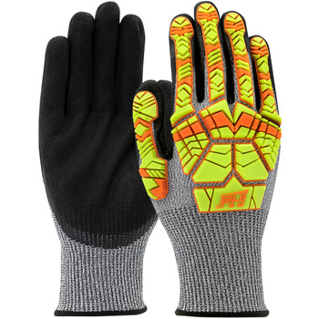 G-Tek PolyKor Seamless Knit Blended Glove w/Hi-Vis Impact Protection & Double-Dip Nitrile MicroSurface Grip on Palm Fingers - Salt Pepper - 6/PR - 16-MPH430HV