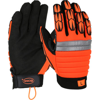 Boss Miners' Mechanic Synthetic Leather Palm w/Foam Padded Back & Finger TPR Impact Protection - Hi-Vis Orange - 12/PR - 1JM400