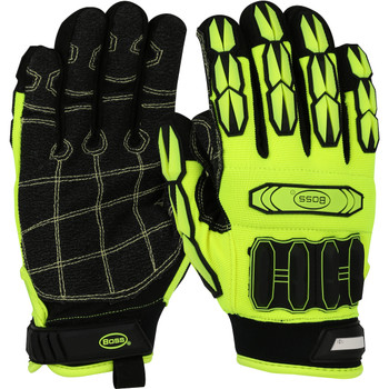 Boss Synthetic Leather Palm w/Fabric Back & TPR Impact Protection - Adjustable Wrist - Hi-Vis Green - 6/PR - 1JM750AW