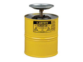 Justrite Plunger Dispensing Can - 1 Gallon - Perforated Pan Screen Serves As Flame Arrester - Steel - Yellow - 10318