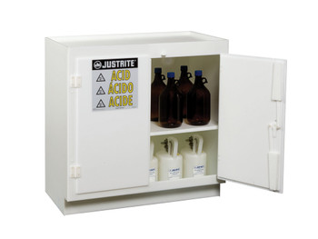 Justrite Freestanding Corrosives/Acid Safety Cabinet - Cap. Thirty-Six 2-1/2 Ltr Bottles - 2 Door - Poly - White - 24015