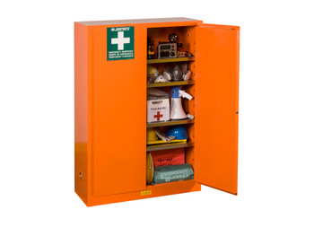 Justrite Emergency Preparedness Storage Cabinet For Supplies - Gloalert Labels - 4 Shelves - 2 Keys - Orange - 860001