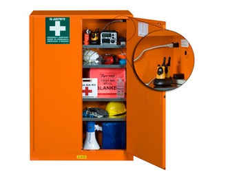 Justrite Emergency Preparedness Storage Cabinet - Powerport Electrical Pass-Thru - 4 Shelves - 2 Keys - Orange - 860002