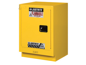 Justrite Under Fume Hood Solvent/Flammable Liquid Safety Cabinet - Cap. 15 Gal. - 1 Shlf - 1 S/C Lft Door - Yellow - 882430