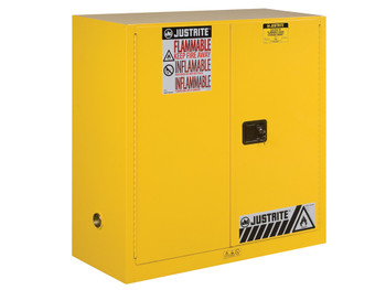 Justrite Sure-Grip Ex Flammable Safety Cabinet - Dims. 44"H - Cap. 30 Gal. - 1 Shelf - 2 M/C Doors - Yellow - 893000