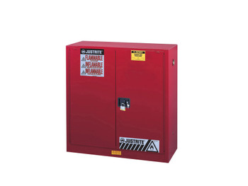 Justrite Sure-Grip Ex Flammable Safety Cabinet - Dims. 44"H - Cap. 30 Gal. - 1 Shelf - 2 M/C Doors - Red - 893001