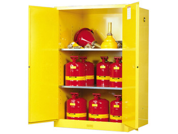 Justrite Sure-Grip Ex Flammable Safety Cabinet - Cap. 90 Gallons - 2 Shelves - 2 Manual-Close Doors - Yellow - 899000