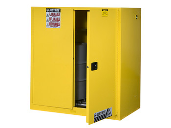 Justrite Sure-Grip Ex Vertical Drum Safety Cabinet And Drum Rollers - Cap. 60 Gal. - 1 Shlf - 2 S/C Doors - Yellow - 899070