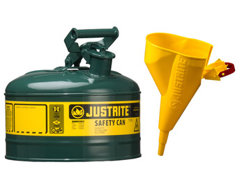 Justrite Type I Steel Safety Can For Flammables - Funnel 11202Y - 1 Gallon - S/S Flame Arrester - S/C Lid - Green - 7110410