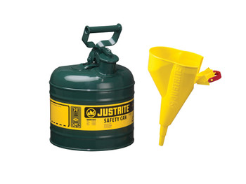 Justrite Type I Steel Safety Can For Flammables - Funnel 11202Y - 2 Gallon - S/S Flame Arrester - S/C Lid - Green - 7120410