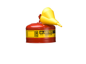 Justrite Type I Steel Safety Can For Flammables - Funnel 11202Y - 2.5 Gallon - S/S Flame Arrester - S/C Lid - Red - 7125110