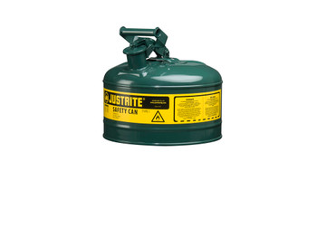 Justrite Type I Steel Safety Can For Flammables - 2.5 Gallon - S/S Flame Arrester - Self-Close Lid - Green - 7125400