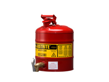 Justrite Type I Shelf Safety Can - 5 Gallon - Bottom 08902 Faucet - S/S Flame Arrester - Steel - Red - 7150150