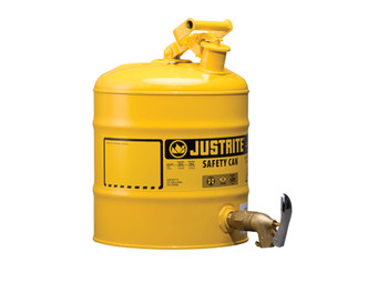 Justrite Type I Shelf Safety Can - 5 Gallon - Bottom 08902 Faucet - S/S Flame Arrester - Steel - Yellow - 7150250