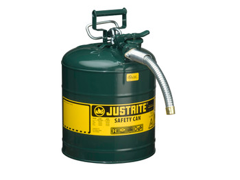 Justrite Type II Accuflow Steel Safety Can For Flammables - 5 Gal. - S/S Flame Arrester - 1" Metal Hose - Green - 7250430