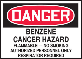 OSHA Danger Safety Label: Benzene - Cancer Hazard - Flammable - No Smoking - Authorized Personnel Only - Respirator Required 3 1/2" x 5" Adhesive Vinyl 5/Pack - LCAW027VSP