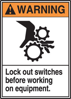 ANSI Warning Safety Label: Lock Out Switches Before Working On Equipment. 5" x 3 1/2" Adhesive Vinyl 5/Pack - LELC311VSP