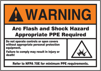 ANSI Warning Safety Label: Arc Flash & Shock Hazard - Appropriate PPE Required 3 1/2" x 5" Adhesive Dura-Vinyl - LELC374