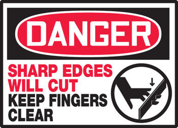 OSHA Danger Safety Label: Sharp Edges Will Cut - Keep Fingers Out 3 1/2" x 5" Adhesive Dura Vinyl 1/Each - LEQM139XVE