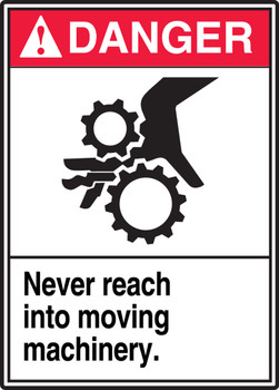 ANSI Danger Safety Label: Never Reach Into Moving Machinery 5" x 3 1/2" Adhesive Dura Vinyl 1/Each - LEQM166XVE