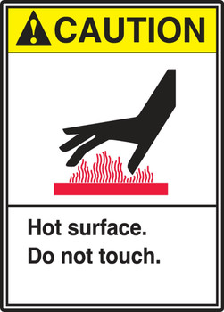 ANSI Caution Safety Labels: Hot Surface - Do Not Touch. 5" x 3 1/2" Adhesive Vinyl 5/Pack - LEQM645VSP