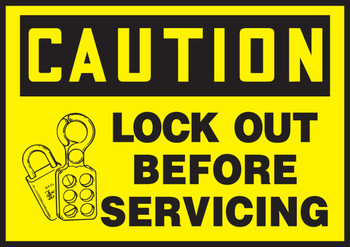 OSHA Caution Lockout/Tagout Label: Lock Out Before Servicing 3 1/2" x 5" Adhesive Vinyl 5/Pack - LLKT603VSP