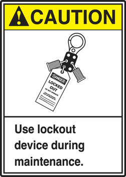 ANSI ISO Caution Safety Label: Use Lockout Device During Maintenance 5" x 3 1/2" Adhesive Vinyl 5/Pack - LLKT606VSP