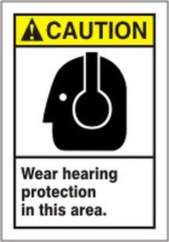 ANSI Caution Safety Label: Wear Hearing Protection in this Area 5" x 3 1/2" Adhesive Dura Vinyl 1/Each - LPPE600XVE