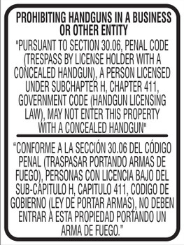 Bilingual Texas 30.06 Regulation Safety Signs: Prohibiting Handguns In A Business Or Other Entity Texas 30.06 Conceal Carry 30" x 48" Aluminum 1/Each - MACC528SB