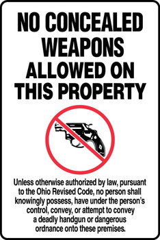 Ohio Revised Code Safety Sign: No Concealed Weapons Allowed On This Property 18" x 12" Aluminum 1/Each - MACC543VA