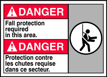 Bilingual ANSI Danger Safety Sign: Fall Protection Required in This Area 10" x 14" Aluminum 1/Each - MAFC138VA